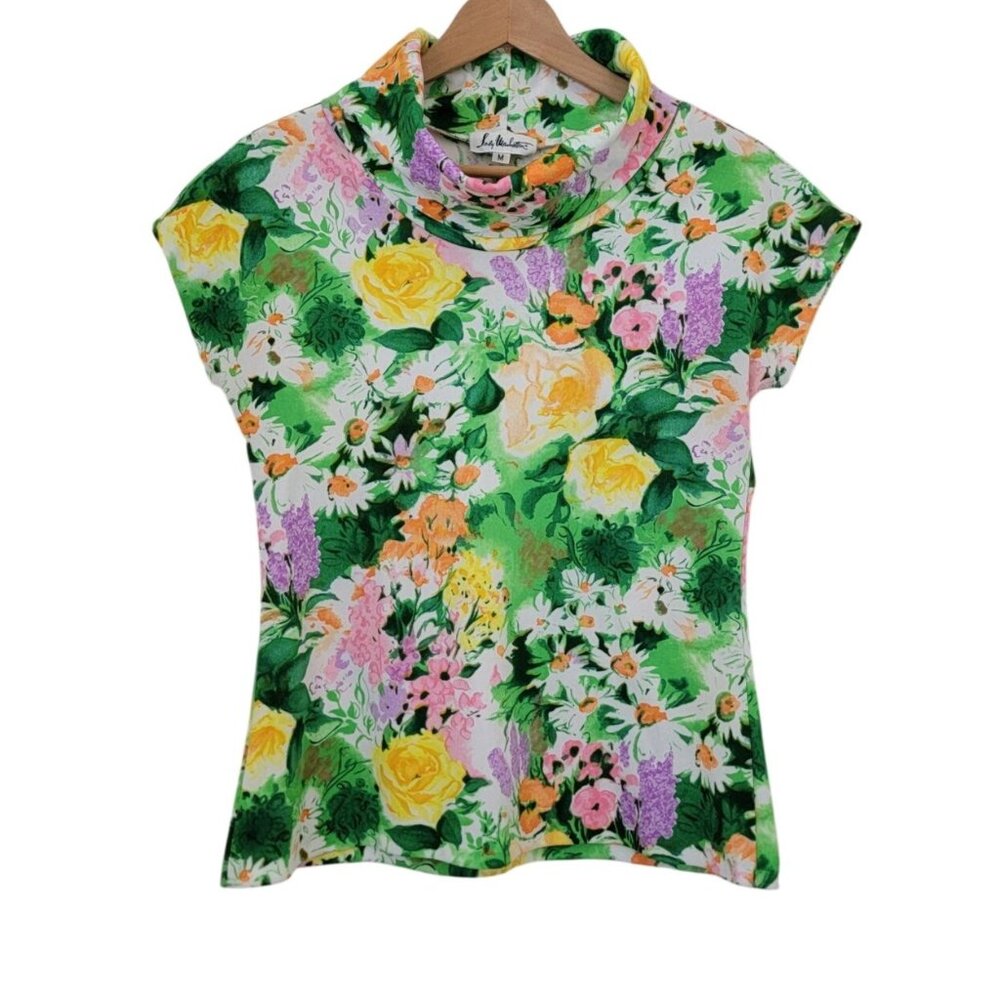 Vintage LADY MANHATTAN Floral Print Short Sleeve Cowl Turtle Neck Top Sz M